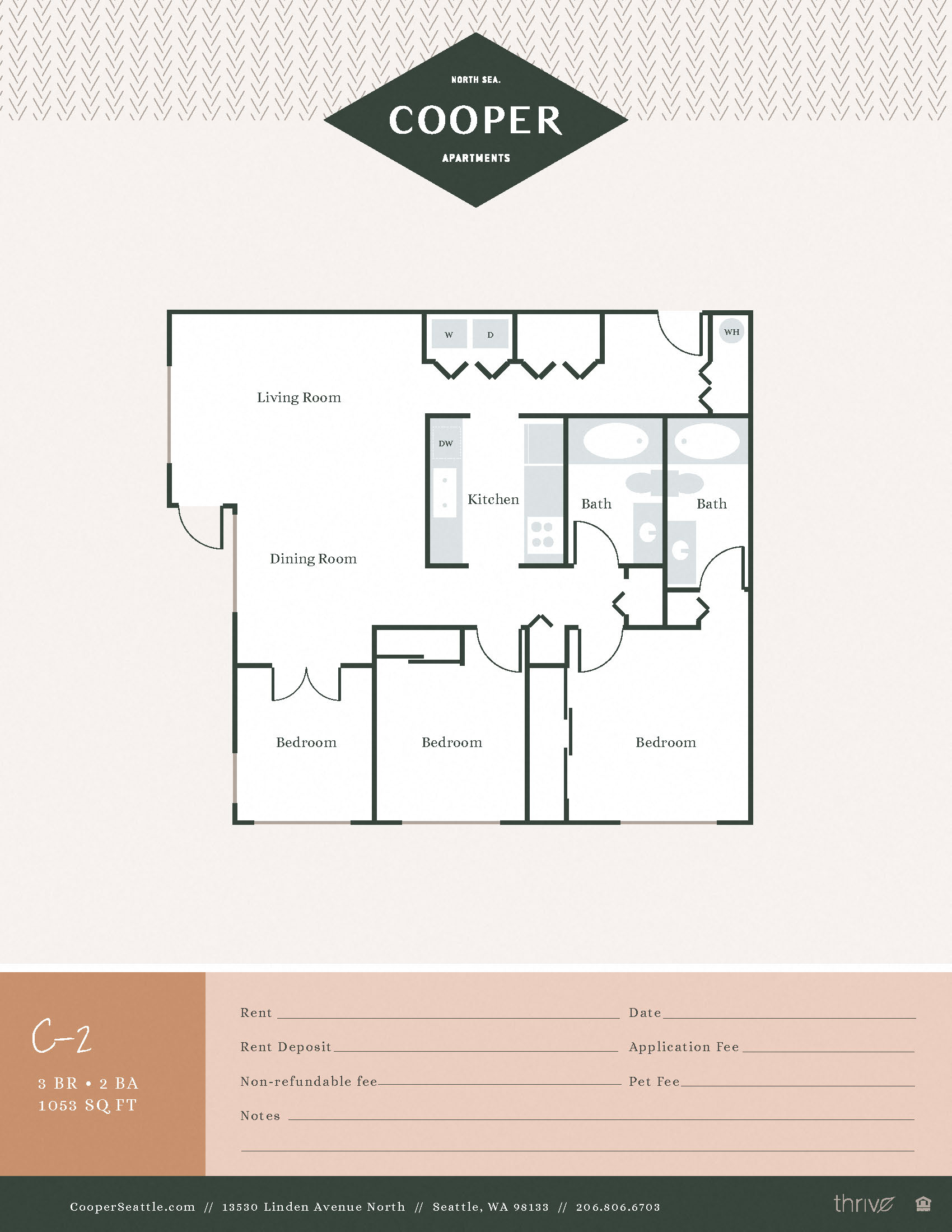 Floor plan for 3 beds, 2 baths, 1053 sqft